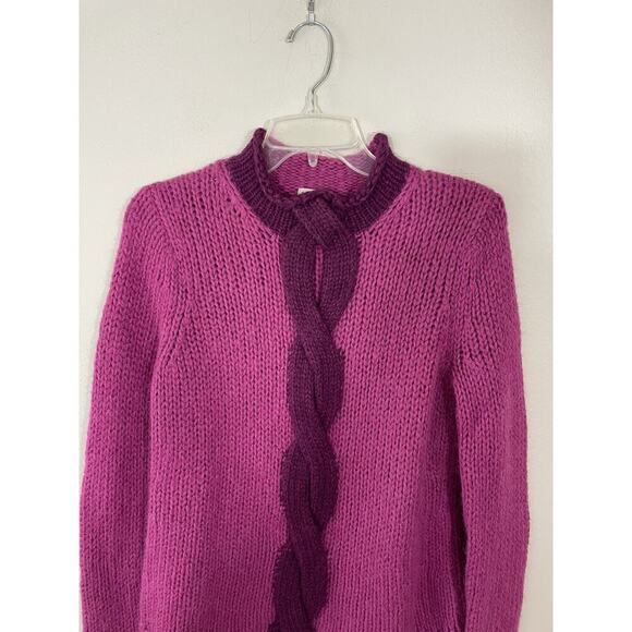 LL Bean Small Fuzzy Mohair Blend Pullover Cable Pink Purple Sweater Braided - Picture 3 of 6